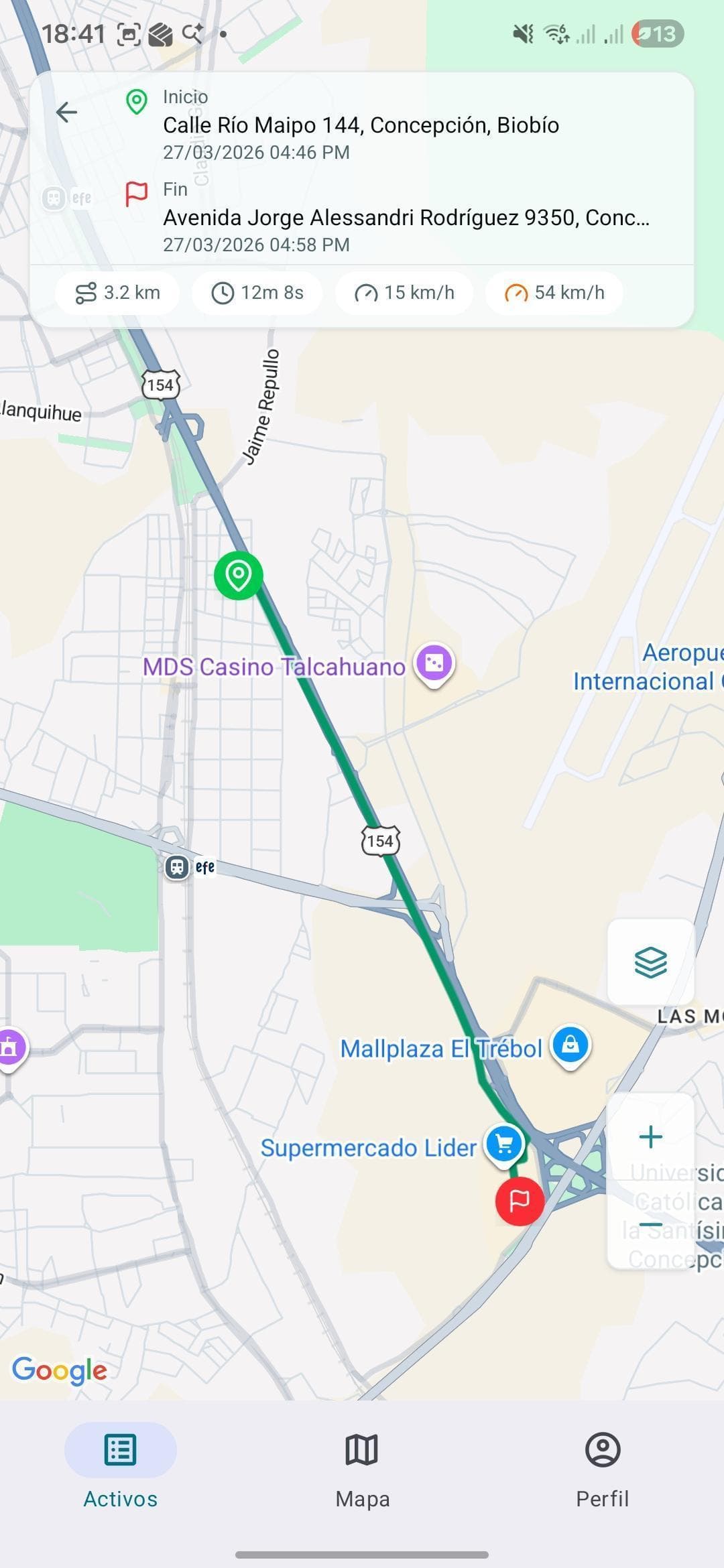 Vista móvil de rutas y trazabilidad